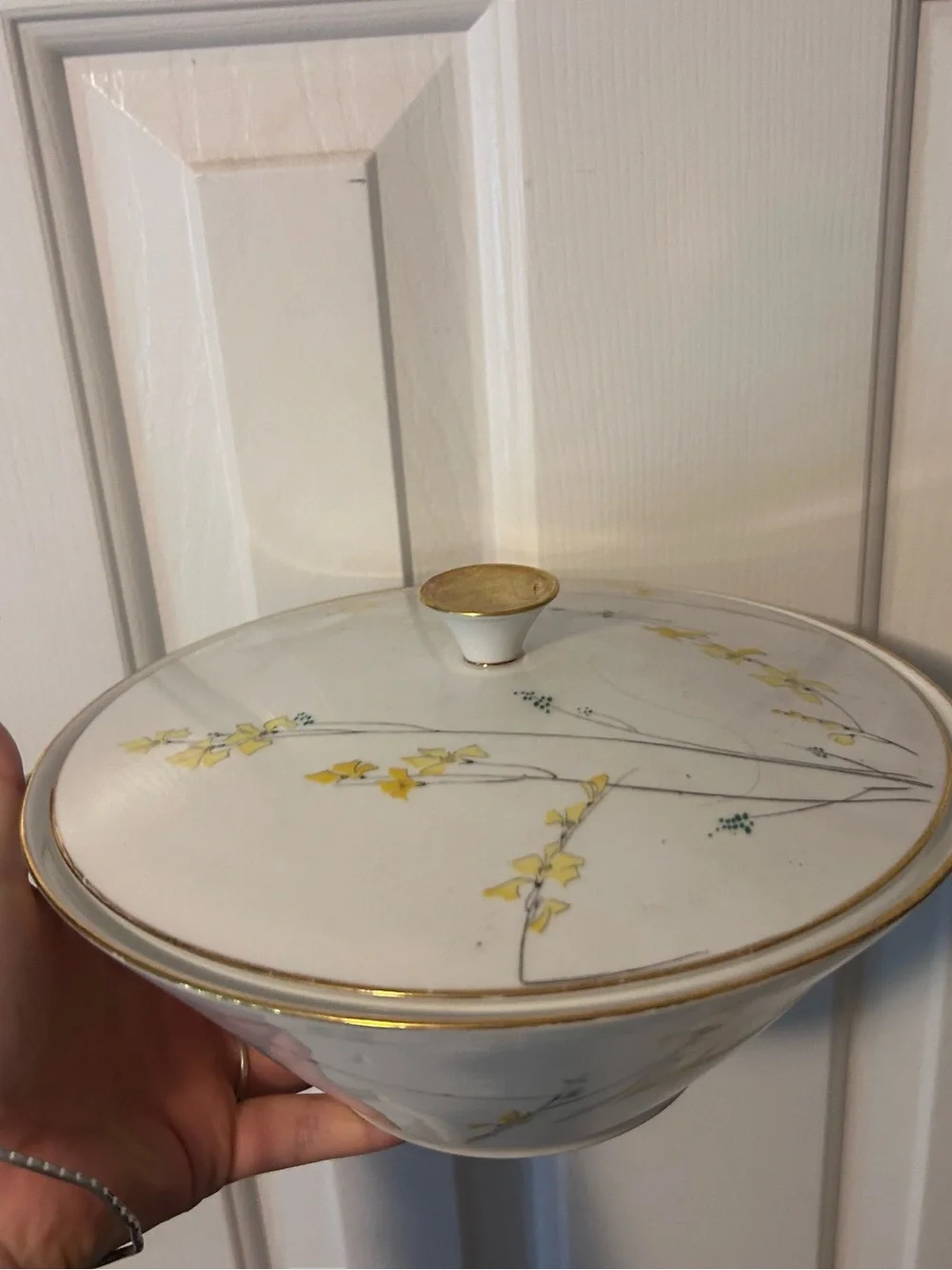 Porcelain Lidded Serving Bowl with Gold Trim and Yellow Floral Motif